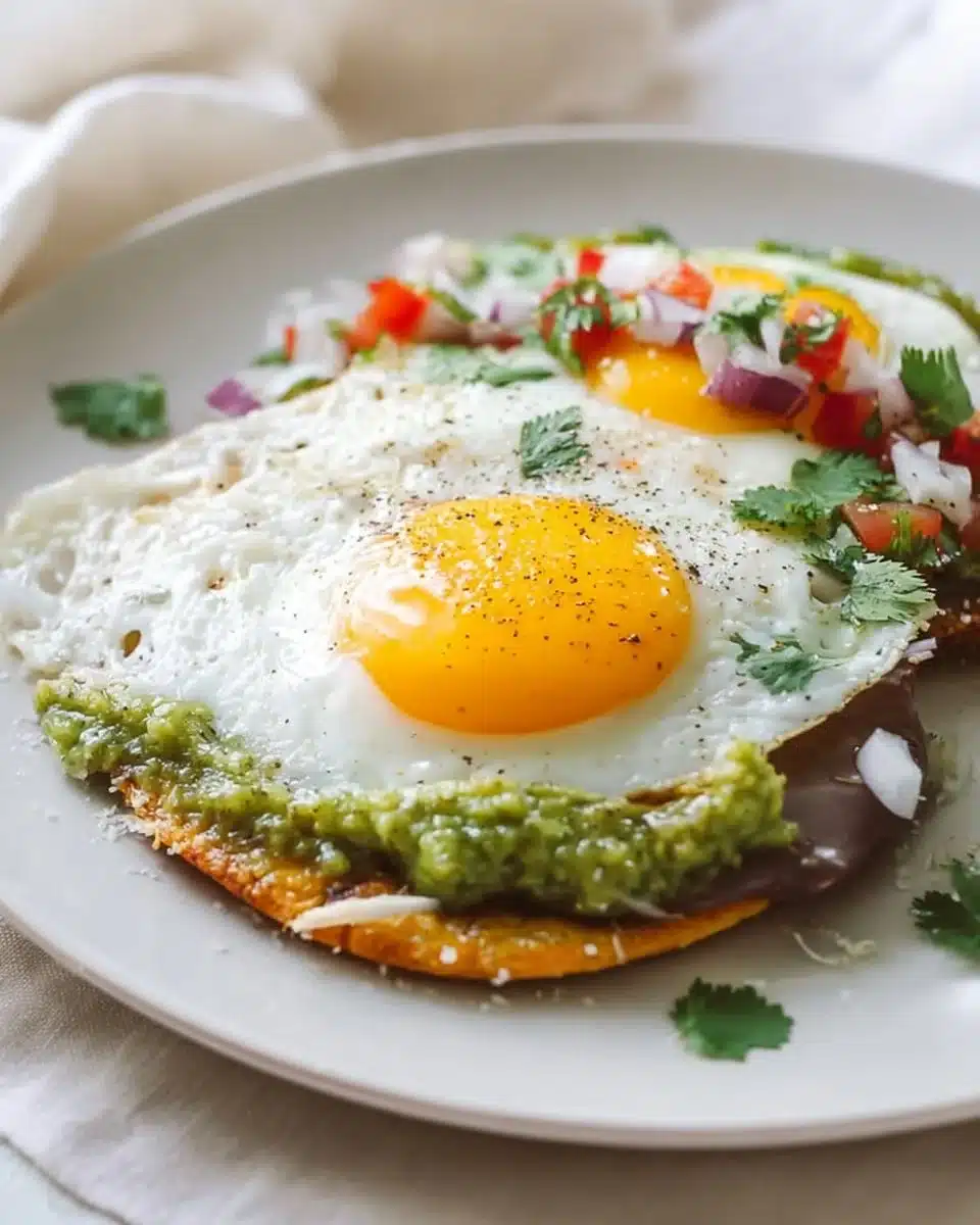 Ranch-style Eggs Breakfast Tostadas with Avocado Green Sauce ready to serve
