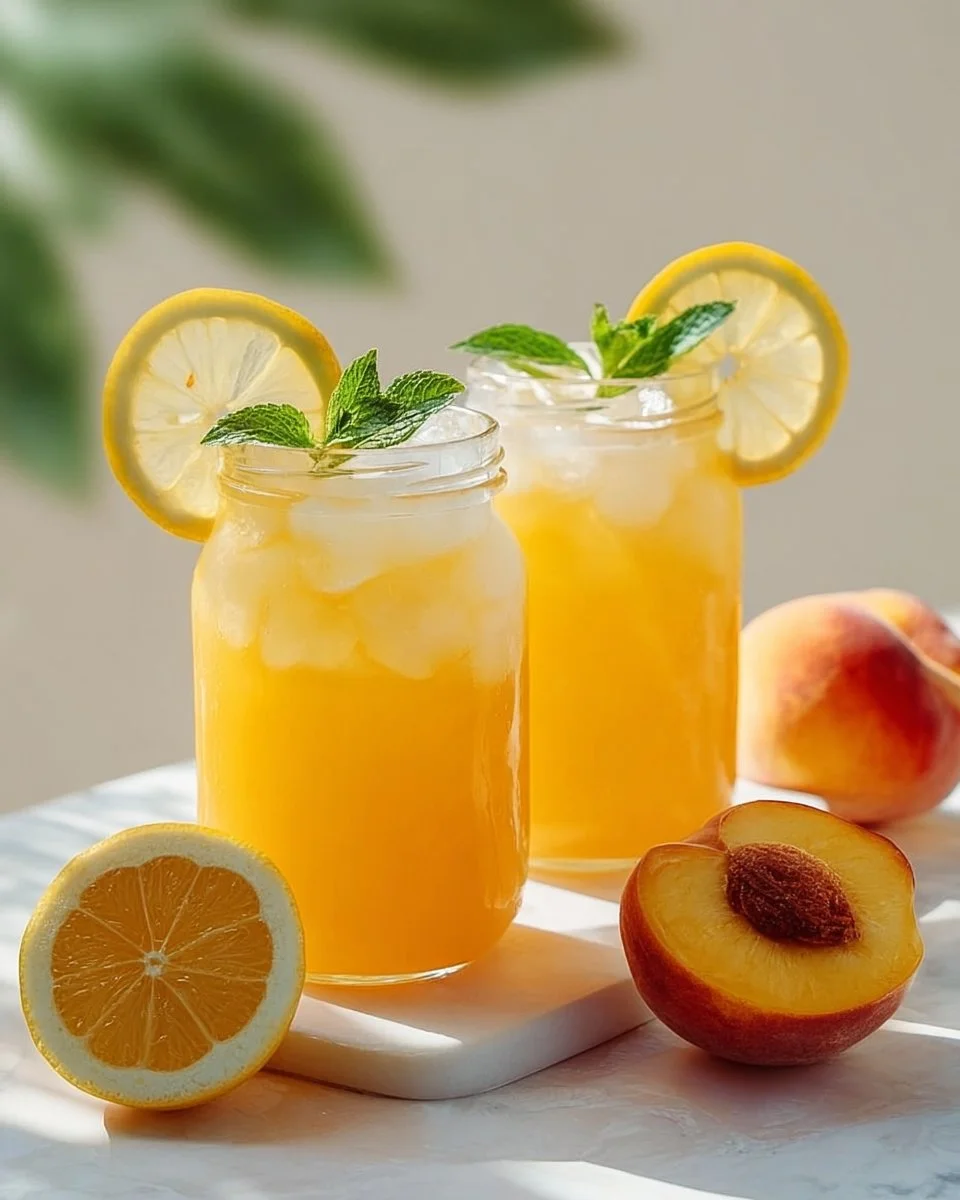 A refreshing glass of homemade peach lemonade with fresh peaches and lemon slices.