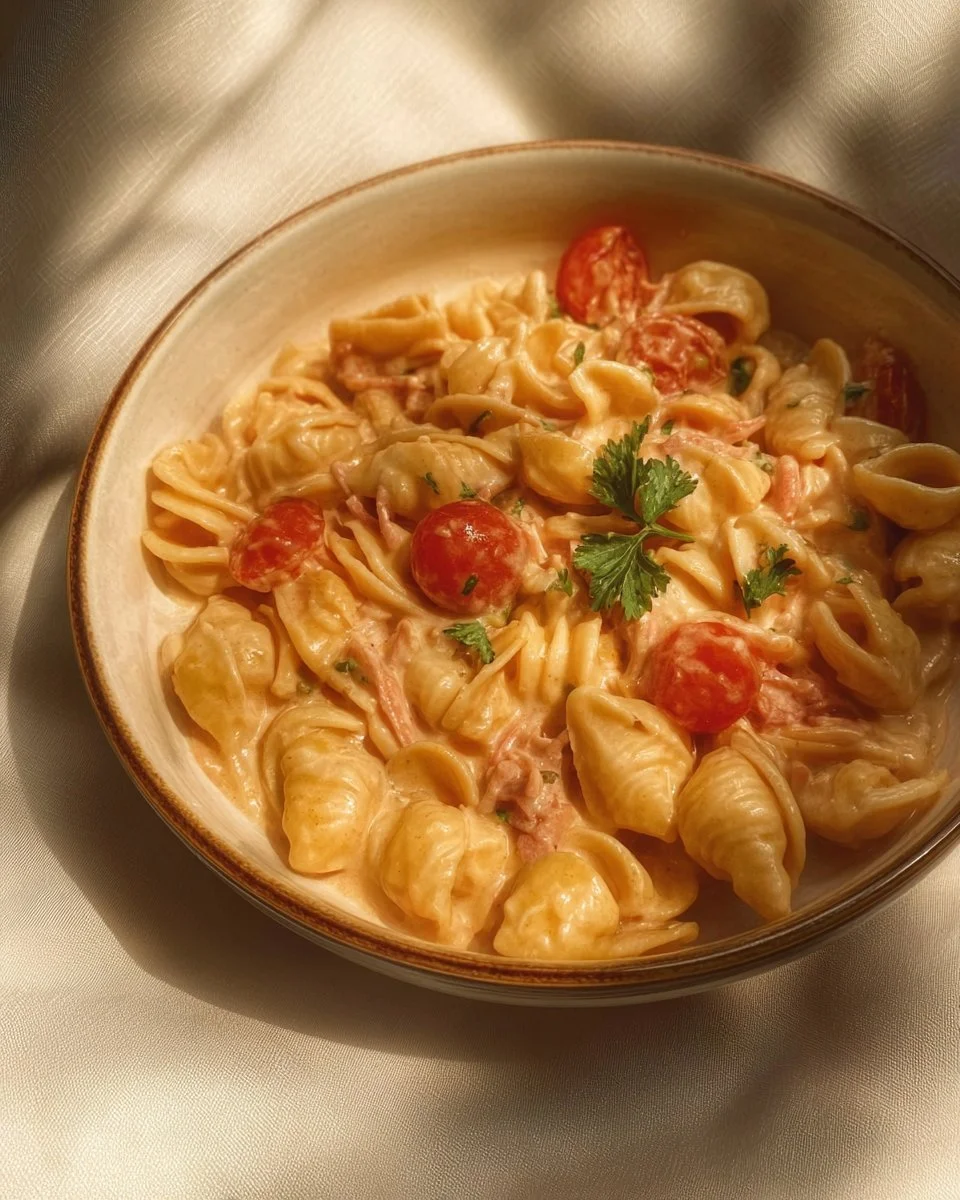 A delicious serving of Rotel Pasta topped with fresh herbs and cheese