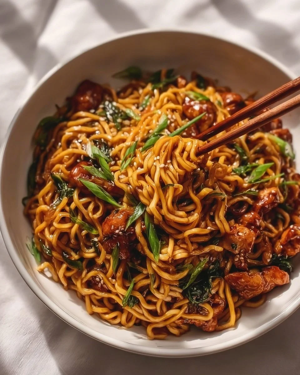 Delicious sticky garlic chicken noodles served with fresh vegetables