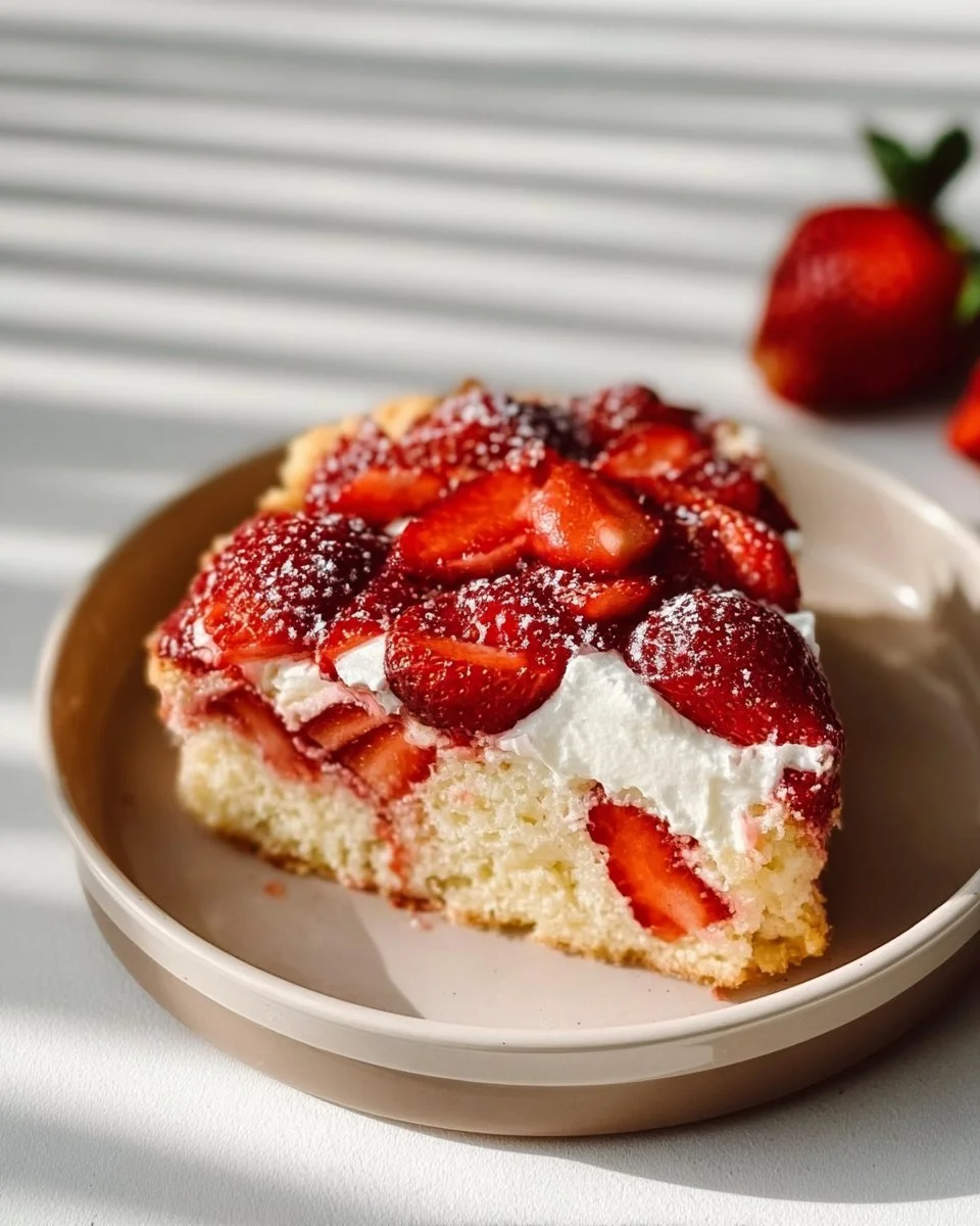 Delicious Strawberry Cheesecake Dump Cake served on a white plate