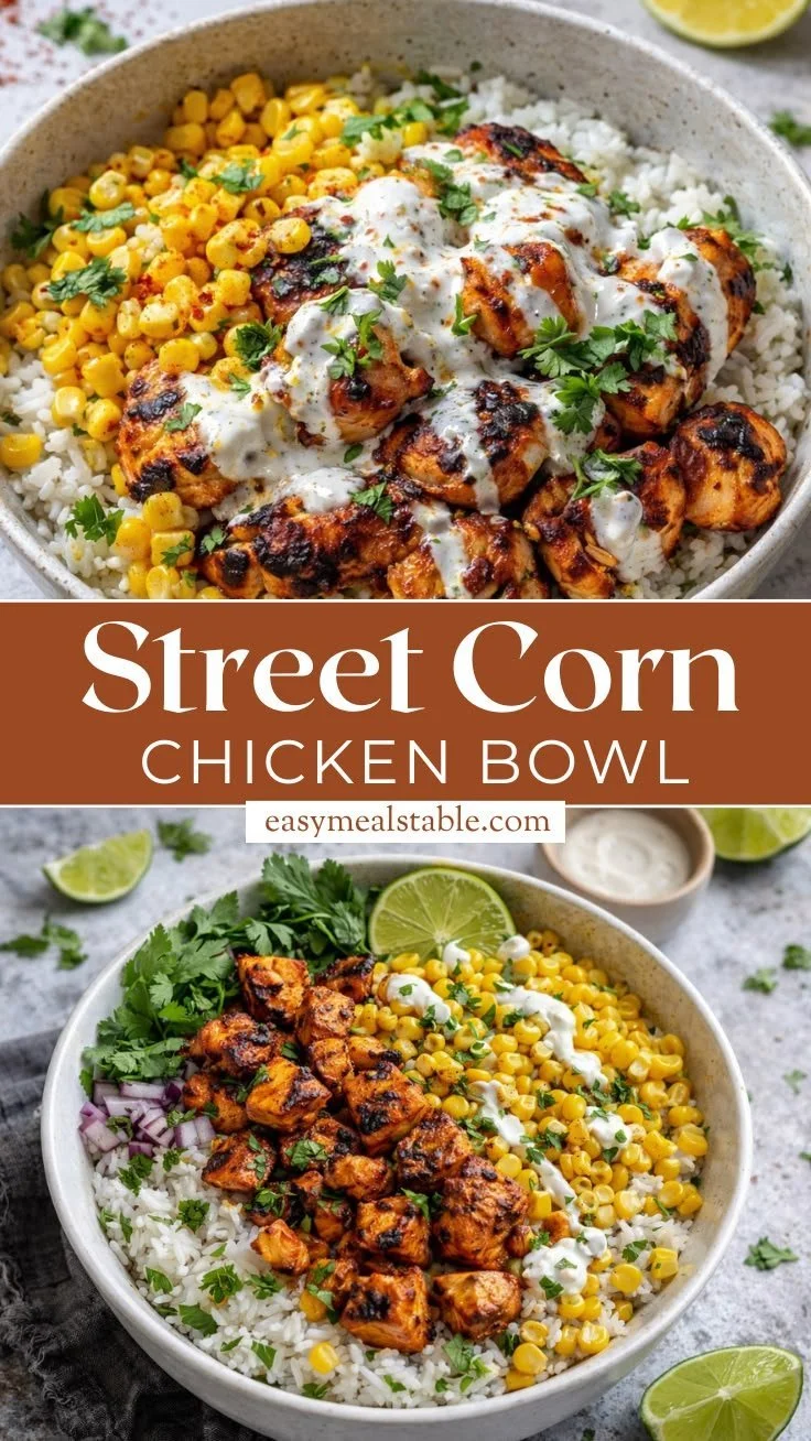 Delicious Street Corn Chicken Rice Bowl with tender chicken and colorful ingredients