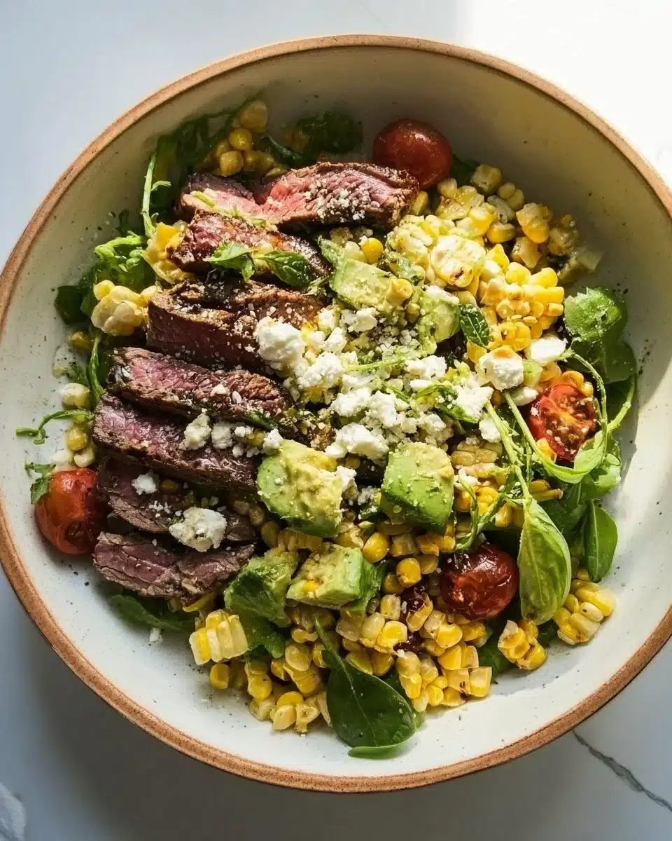 Summer steak salad with grilled corn and fresh vegetables