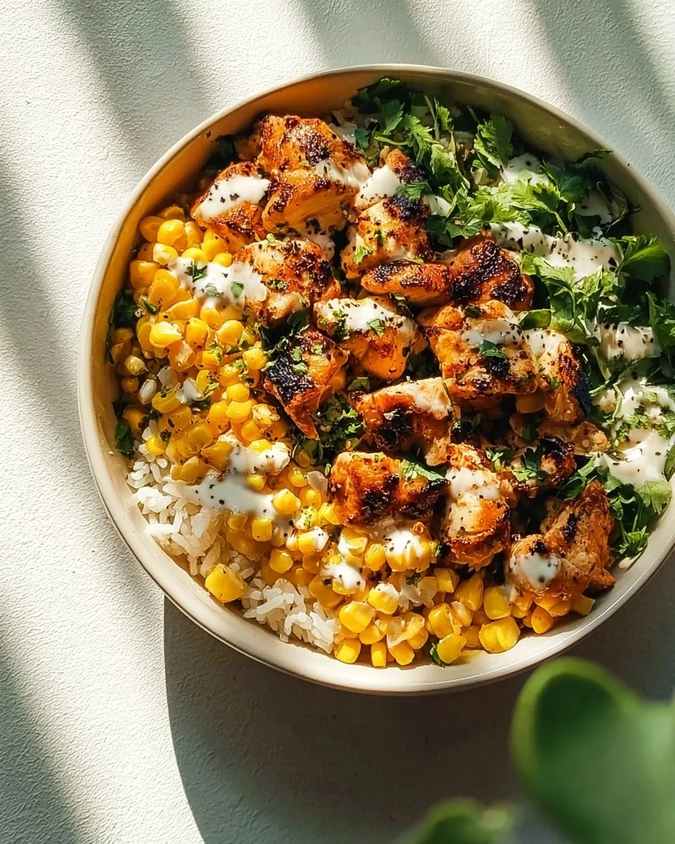 Tasty street corn chicken bowl garnished with spices and fresh herbs.