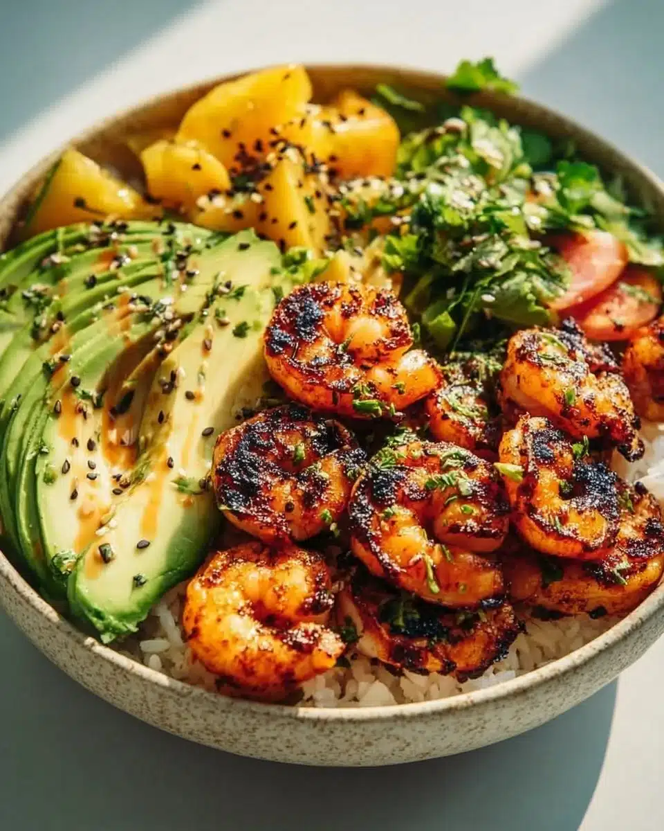 Delicious charred shrimp and avocado bowl garnished with fresh ingredients