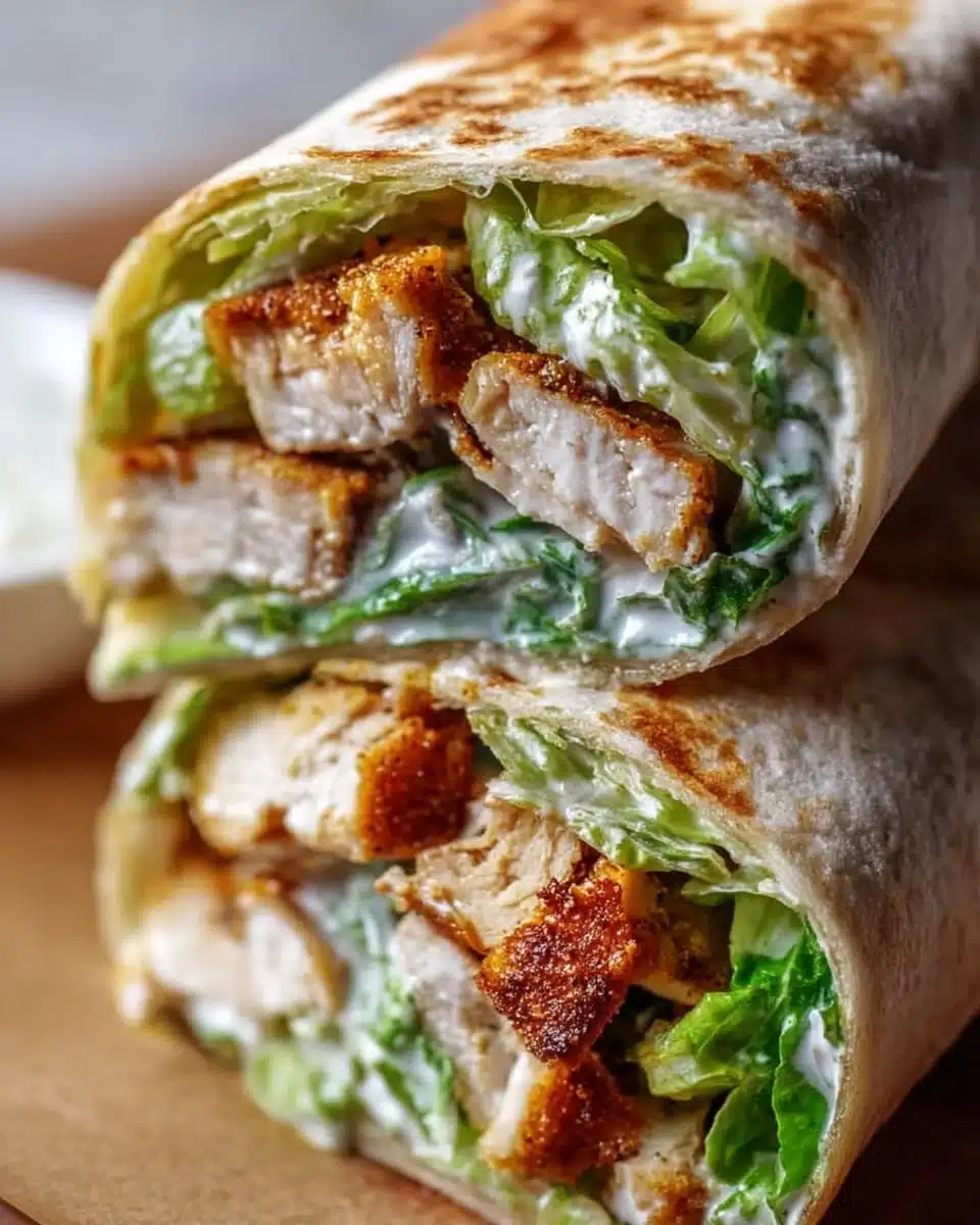 Golden-brown Chicken Caesar Wraps with crispy chicken and creamy dressing
