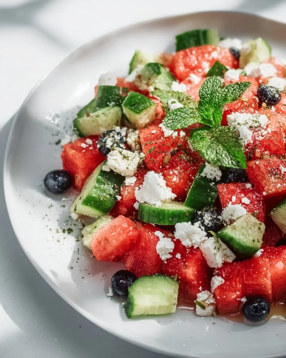 A vibrant Watermelon Cucumber Feta Salad served in a bowl, garnished with mint.