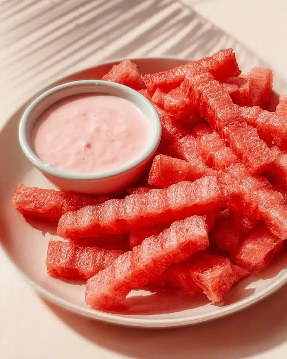 Plate of watermelon fries with a side of strawberry yogurt dip for dipping.