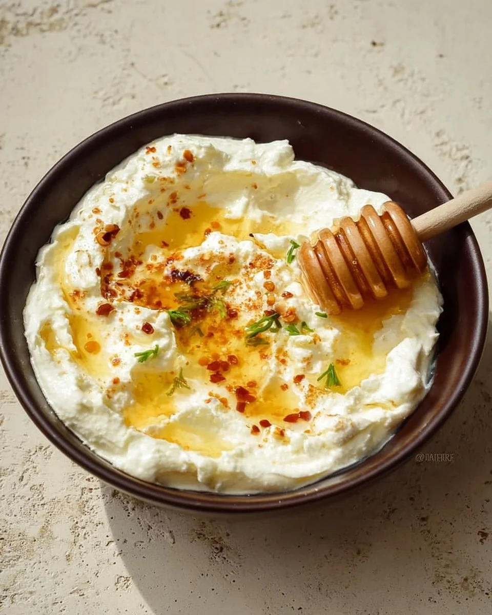 Bowl of whipped feta drizzled with honey, garnished with herbs.
