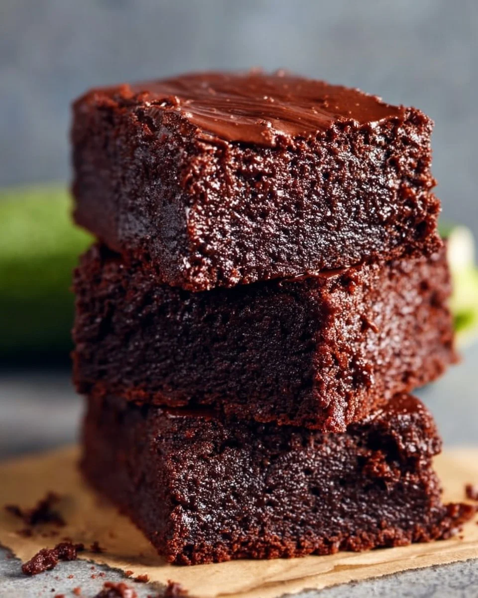 A plate of homemade zucchini brownies topped with chocolate frosting.